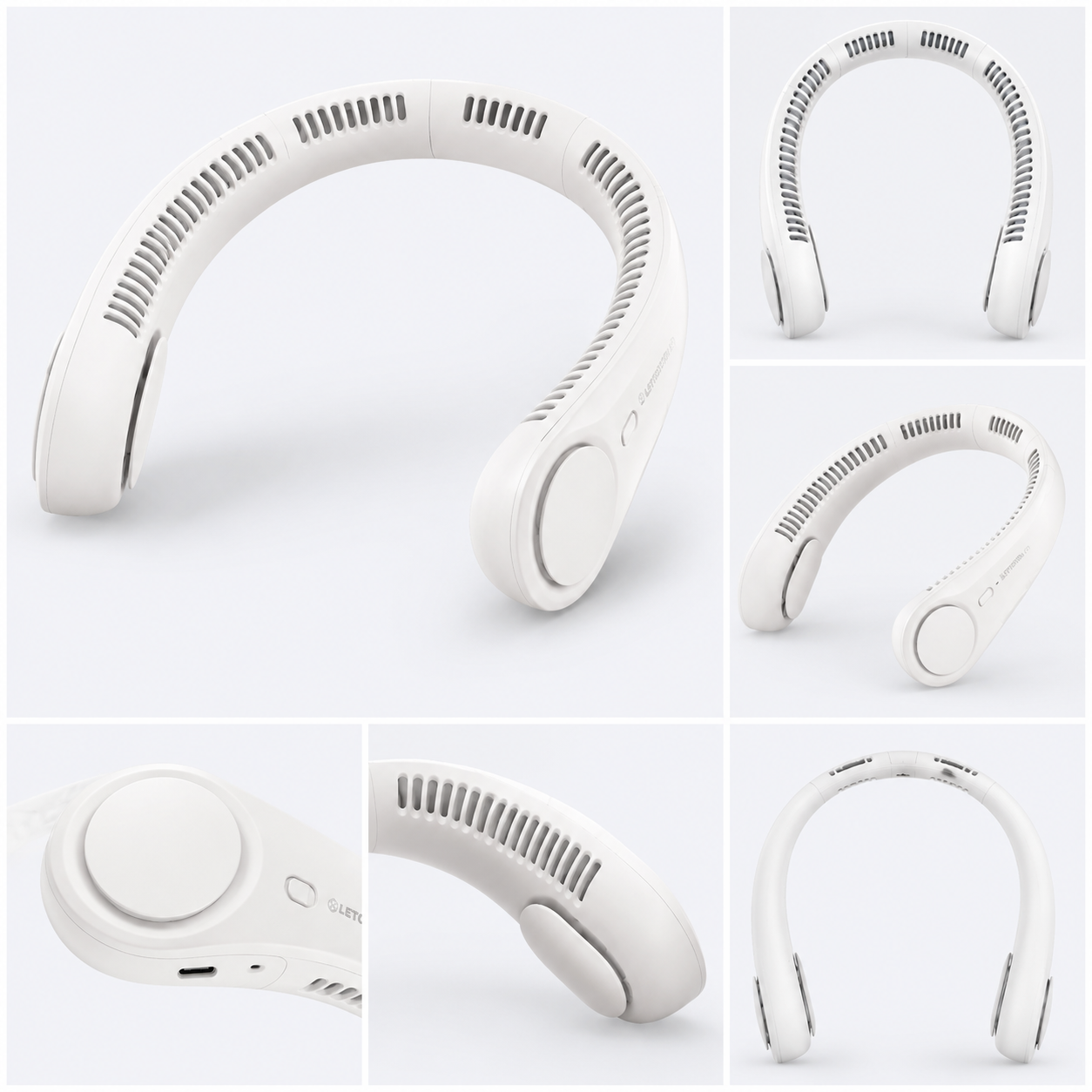 Glamozona neck fan shown from multiple angles including USB-C port