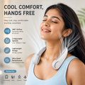 Woman wearing Glamozona neck fan - 360 airflow, 3 speeds, lightweight, quiet